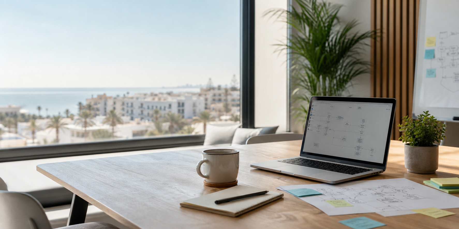 Mesa de trabajo con portátil, notas de procesos y vista costera en Marbella